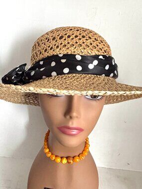 Vintage Natural Straw Sun Hat Woven Wide Brim Polka Dot Satin Scarf Band Garden